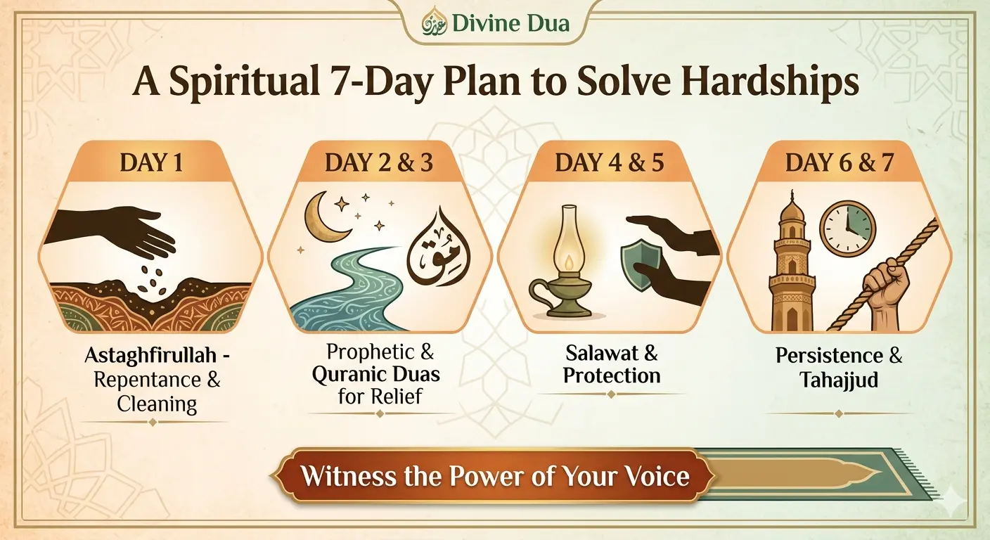 An infographic of a 7-day plan from 'Divine Dua' for a specific spiritual approach to solve hardships, without any faces.