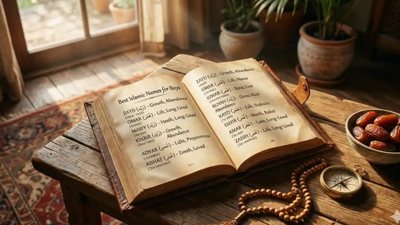 An open antique leather-bound book displayed on a rustic wooden table, titled "Best Islamic Names for Boys." The pages list names such as Zayd and Omar, along with their Arabic script, phonetic pronunciation, and English meanings like "Growth" and "Life." Prayer beads (misbaha), a vintage compass, and a bowl of dates are placed beside the book under natural light.