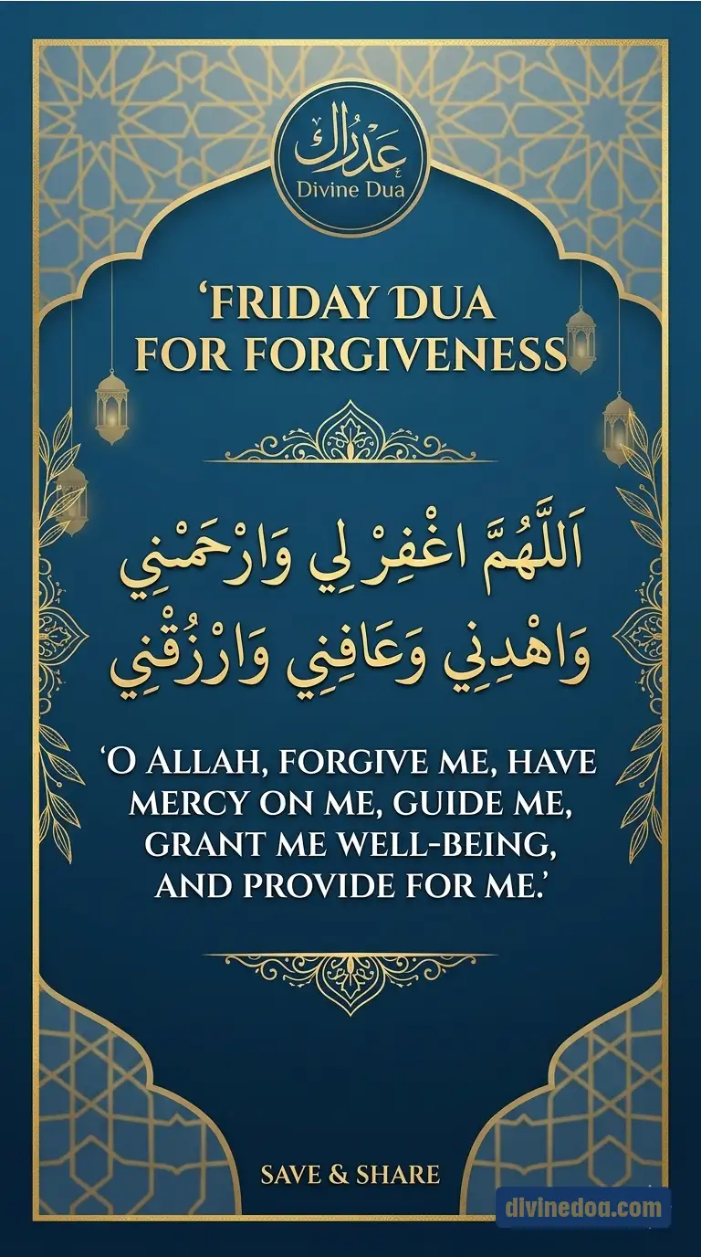 Detailed infographic card of Friday Dua for Forgiveness from Divine Dua.