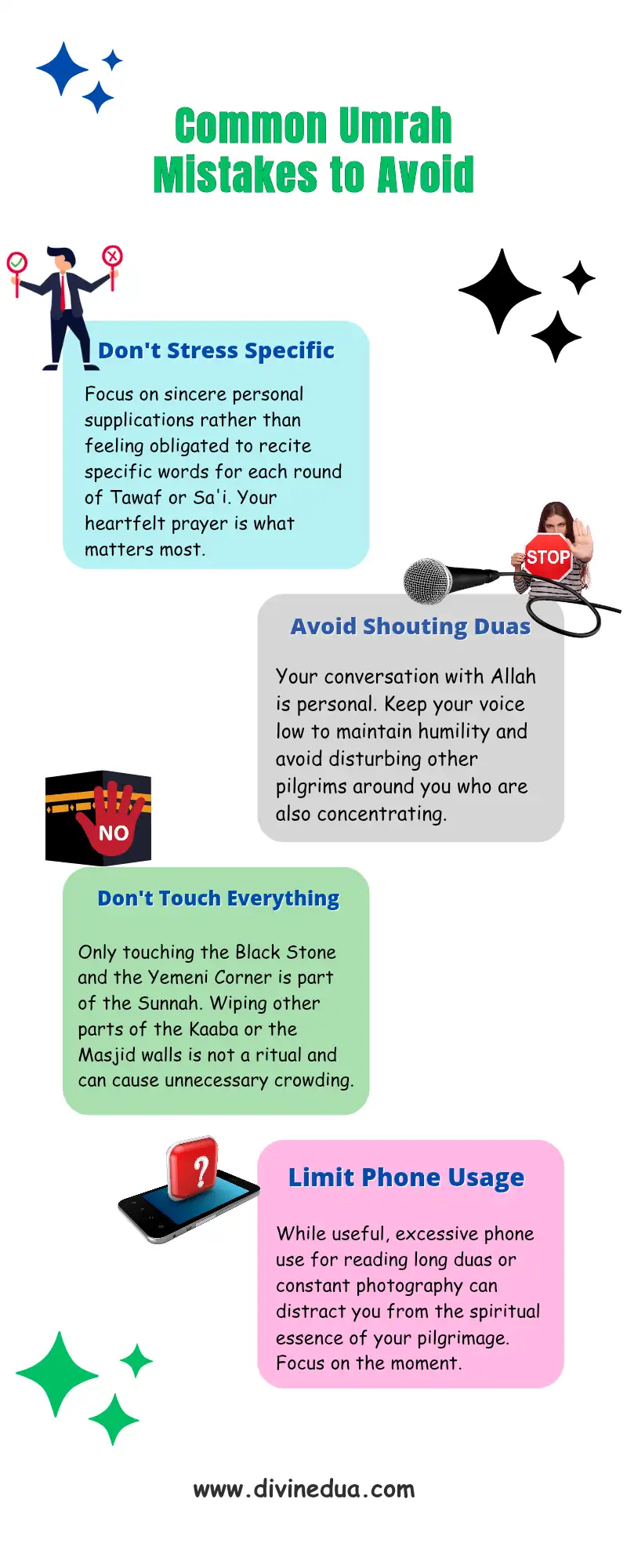 Infographic detailing common mistakes to avoid during Umrah, including reading duas from phone and thinking specific duas are obligatory.
