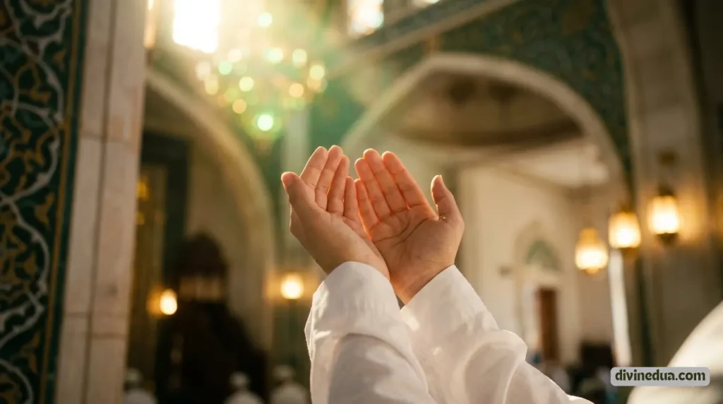 A spiritual guide to Dua for a dead person in Islam by Divine Dua, showing hands in prayer with heavenly light.