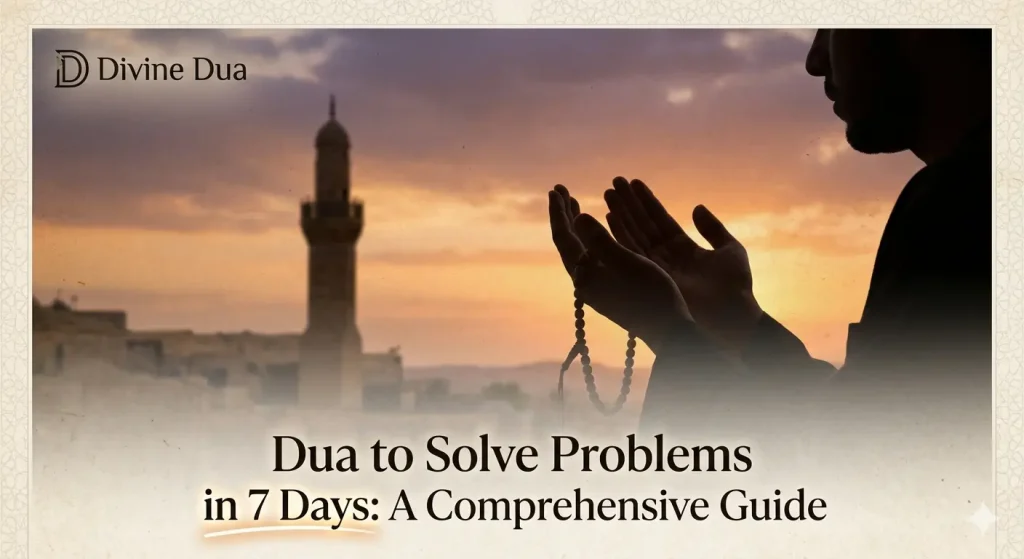 A spiritual featured image for the guide 'Dua to Solve Problems in 7 Days' showing hands raised in prayer against a warm sunset.