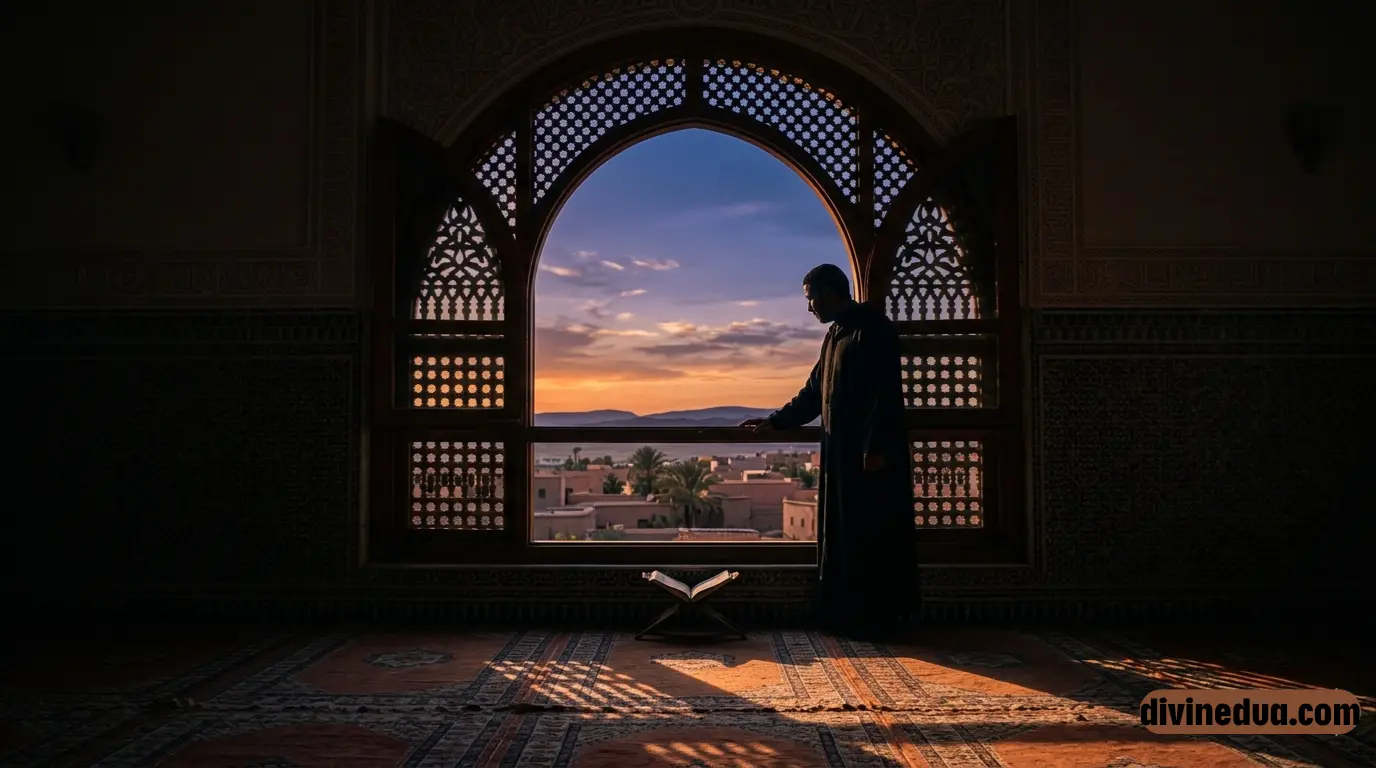 Contemplative silhouette in mosque window symbolizing spiritual healing