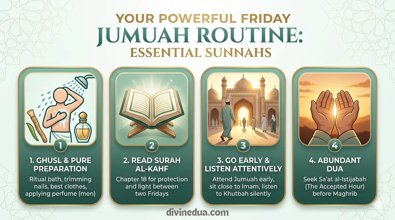 Infographic checklist of Friday Jumuah Sunnah routine including reading Surah Al-Kahf and making dua.