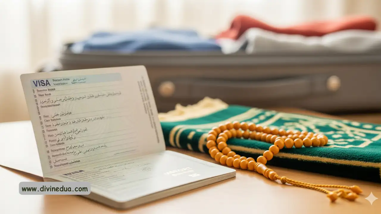 Passport and prayer beads for Umrah travel preparation, highlighting essential duas before leaving home.