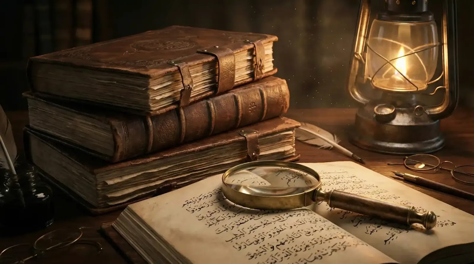 Investigating Manzil Dua Origins Ancient leather-bound Islamic Hadith books with a magnifying glass, symbolizing the investigation of Manzil Dua authenticity