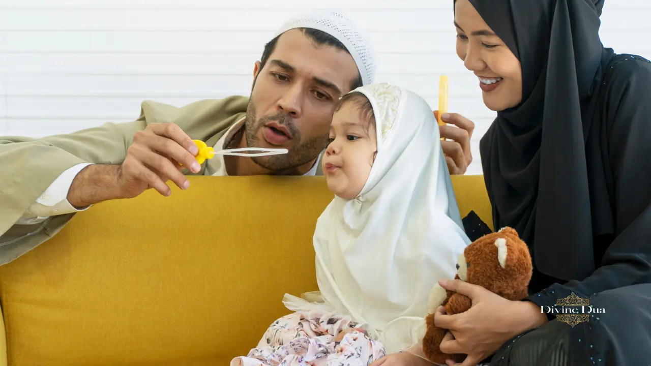 Muslim family praying together, symbolizing gratitude and the final goal of securing a righteous child.