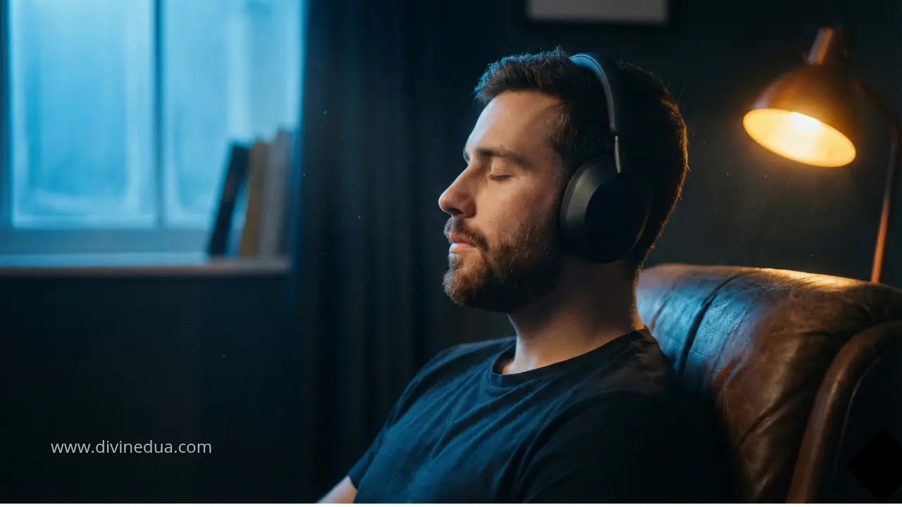 Focused Listening Ruqyah Man wearing noise-canceling headphones with eyes closed, listening to Manzil Dua for spiritual healing