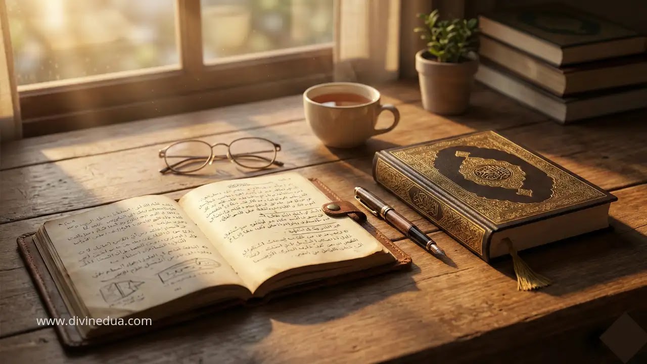 Open notebook with Islamic questions and reading glasses next to a Quran, representing Manzil Dua FAQ