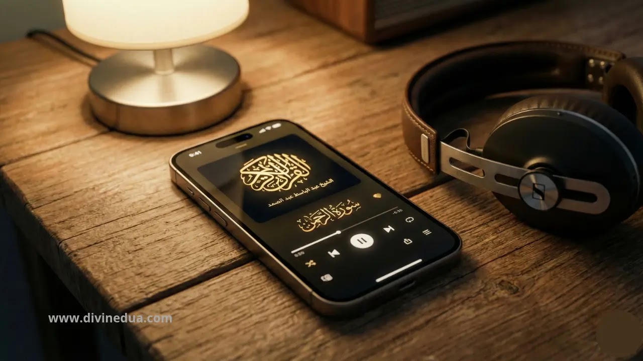 Smartphone displaying Islamic audio player app with headphones, representing Manzil Dua MP3 download