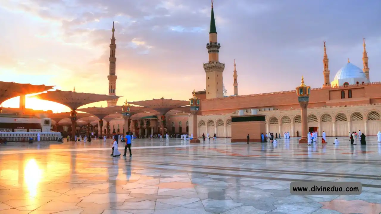 A panoramic sunset view of Masjid an-Nabawi, the Prophet