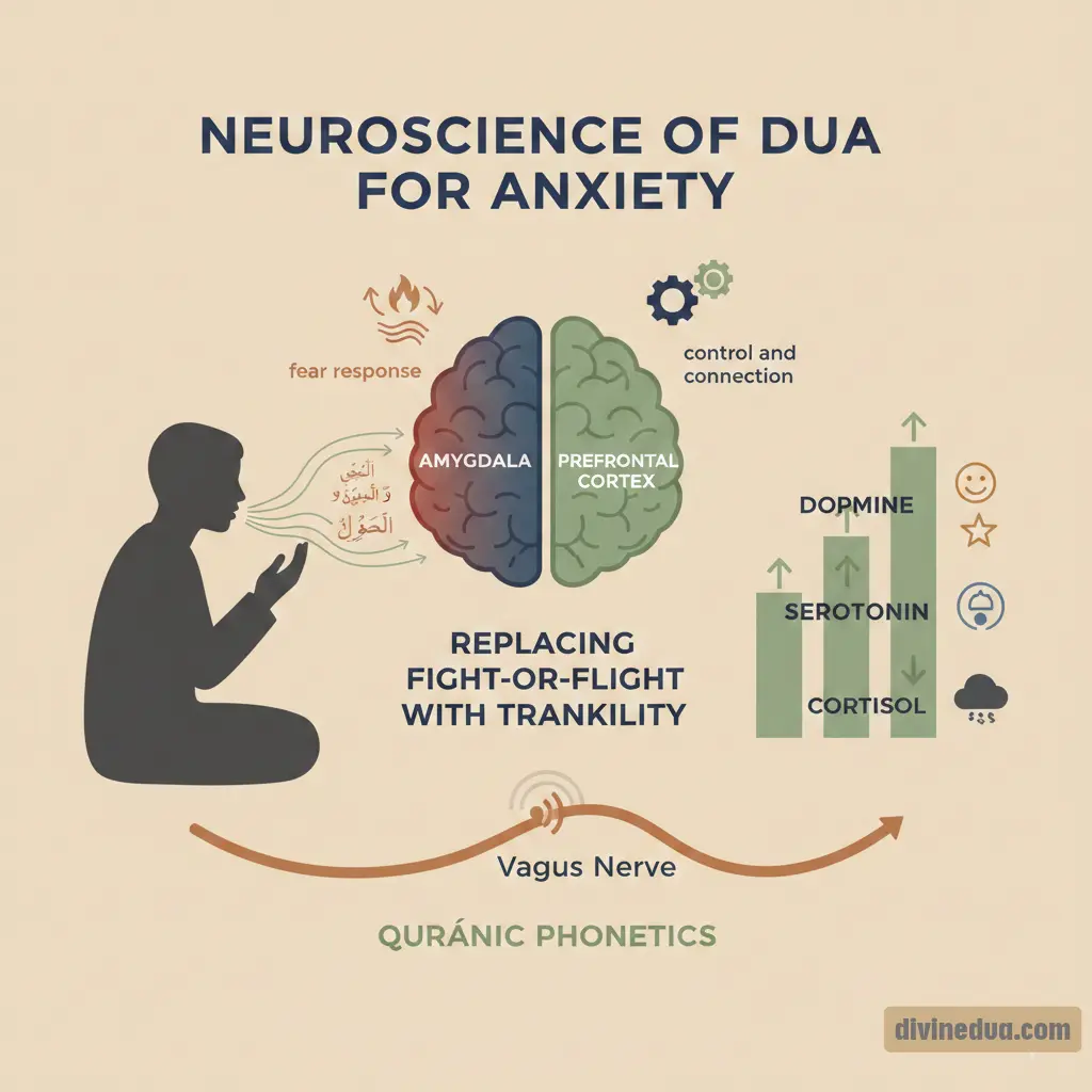 Scientific infographic showing how Dua for anxiety and stress affects the brain and calms the amygdala.