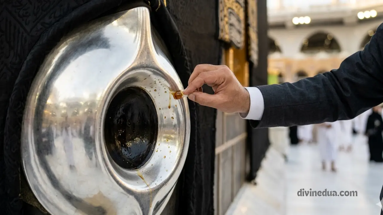 Perfuming the Black Stone of Kaaba with pure Oud and Rose oil by a Masjid al-Haram official.