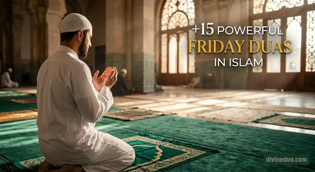 Muslim raising hands in powerful Friday dua during Jumuah prayer in a serene mosque.
