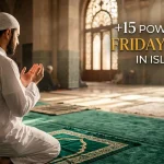 Muslim raising hands in powerful Friday dua during Jumuah prayer in a serene mosque.