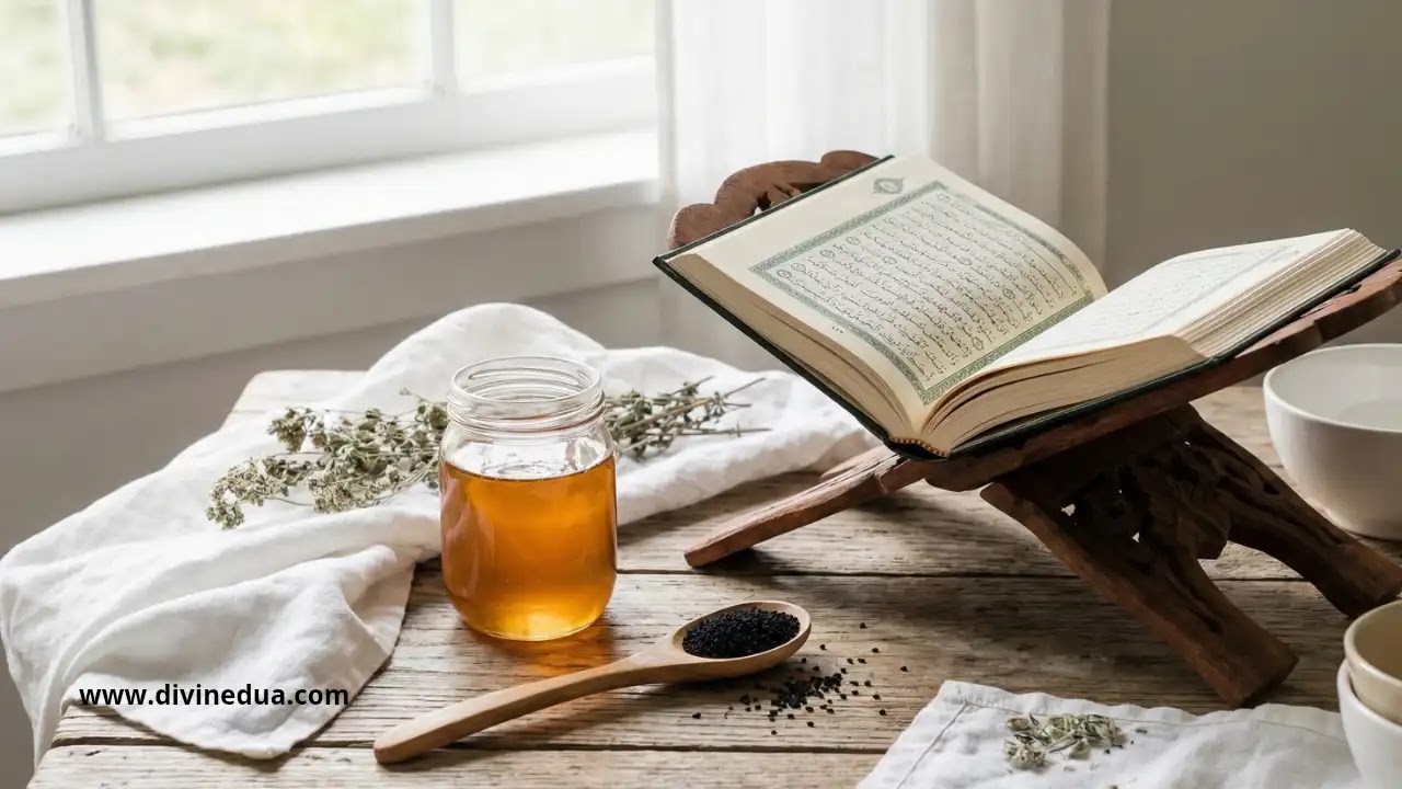 Ruqyah as Medicine Open Quran next to a jar of honey and black seeds, representing Islamic spiritual medicine and Mujarrabat