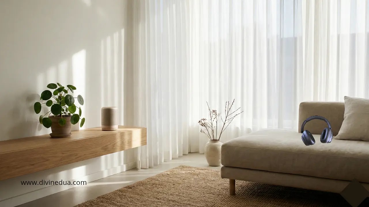 Audio Home Protection Modern bluetooth speaker on a shelf in a sunlit room, playing Quran for home protection