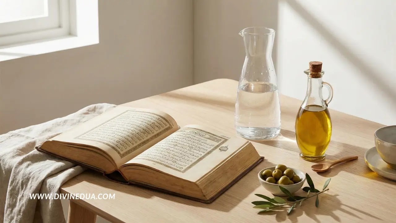 Ruqyah Tools: Water & Oil A glass jug of water and a bottle of olive oil next to an open Quran, prepared for Ruqyah recitation