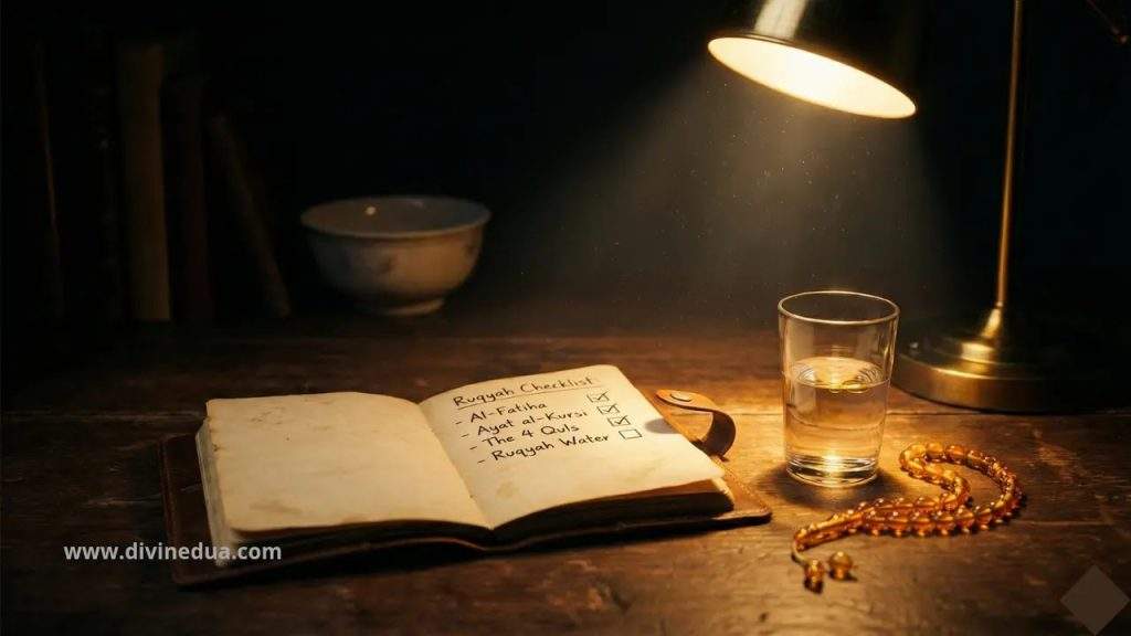 Open journal with checklist of symptoms next to prayer beads and a glass of water, representing spiritual diagnosis of Black Magic and Evil Eye
