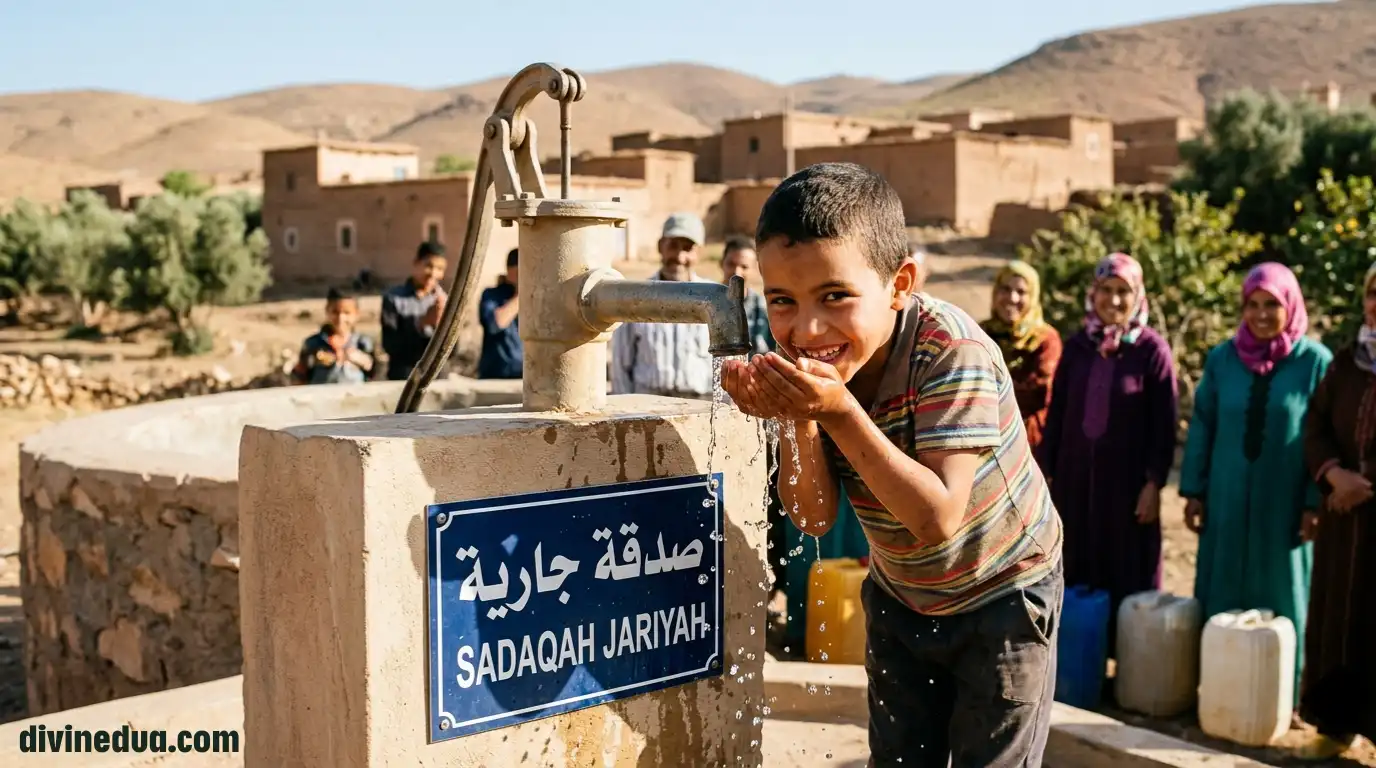 A child receiving fresh water from a new well, an example of Sadaqah Jariyah