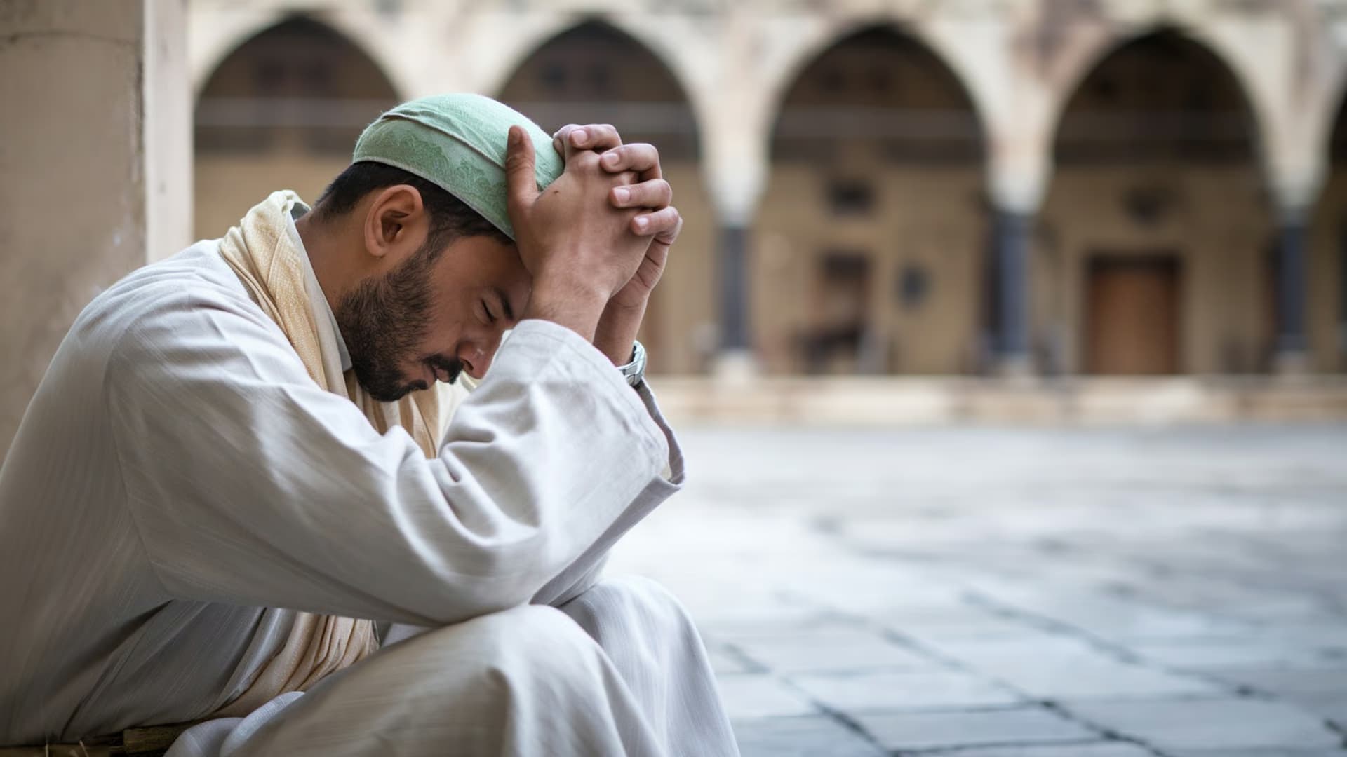 Person seeking refuge from anxiety through prayer