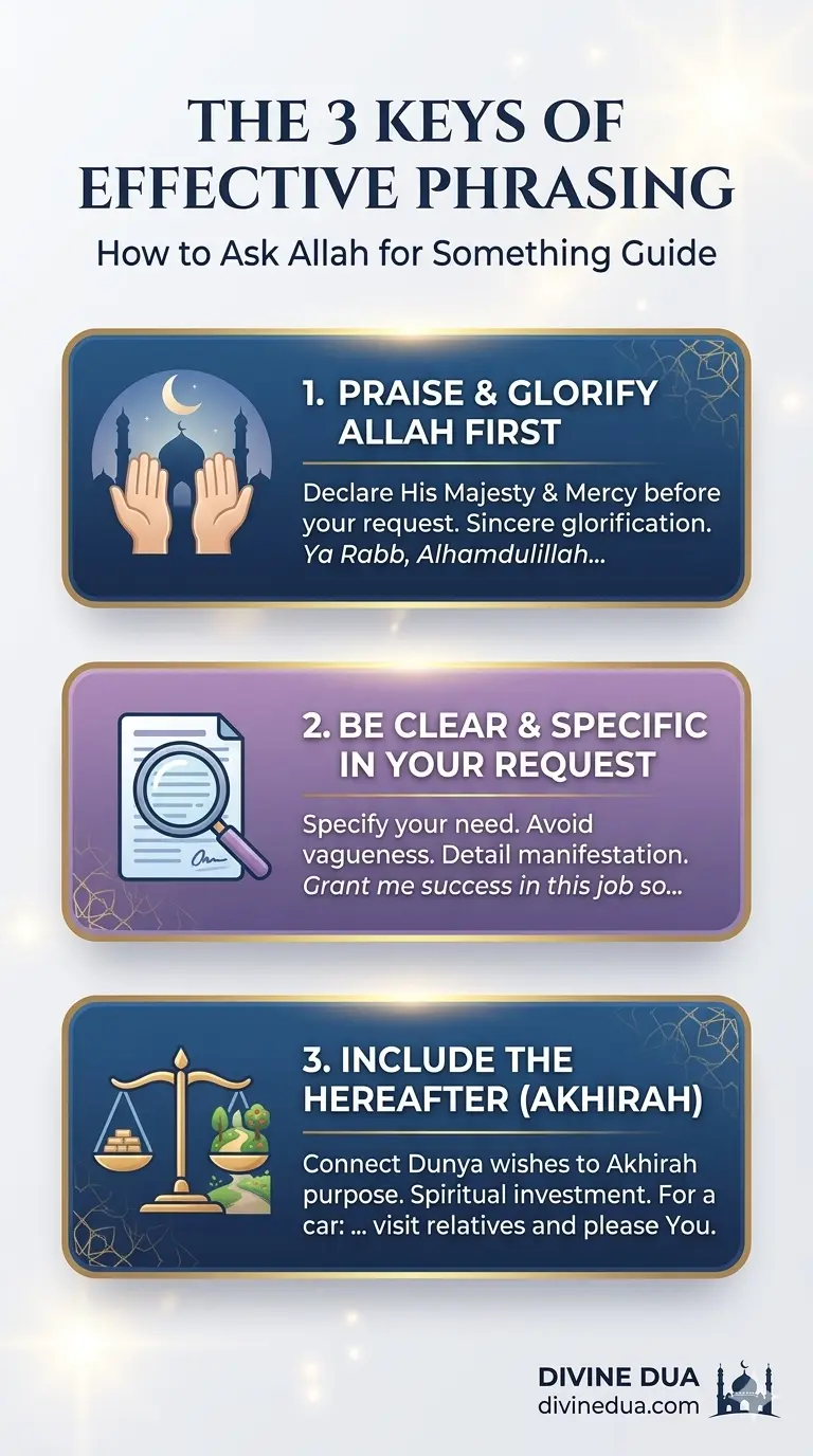 Infographic of the 3 keys to effectively phrase your dua: the best way to ask Allah for something.