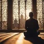 A solitary Muslim man in peaceful contemplation inside a mosque, with warm sunlight streaming through a large glass window, illustrating a spiritual connection.