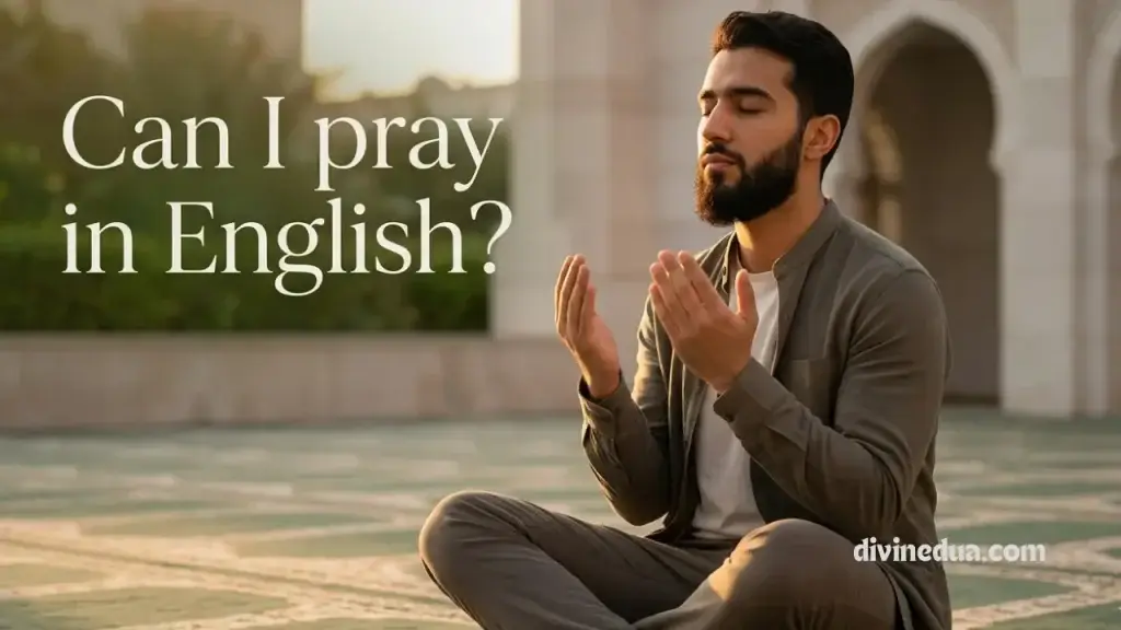 A person making dua with sincerity, asking if making dua in English is allowed in Islam.