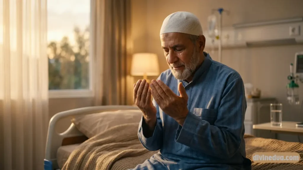Muslim making dua for healing with raised hands in a peaceful spiritual setting