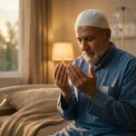 Muslim making dua for healing with raised hands in a peaceful spiritual setting