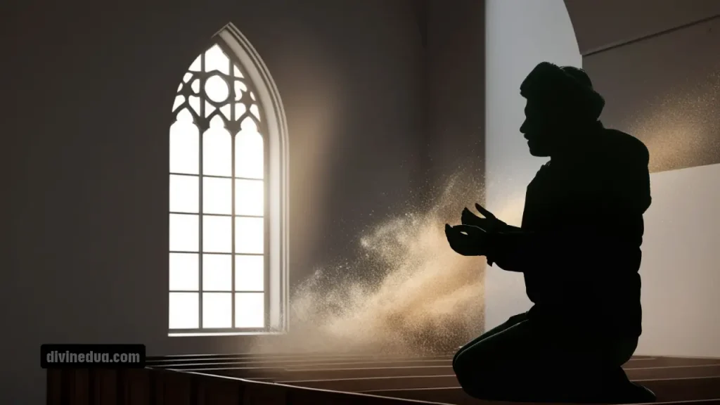 A serene person making dua after praying Salatul Hajat for miracles.