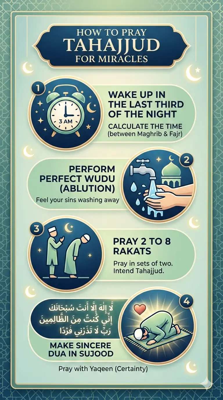 Step by step guide on how to pray Tahajjud for a specific wish and miracles.