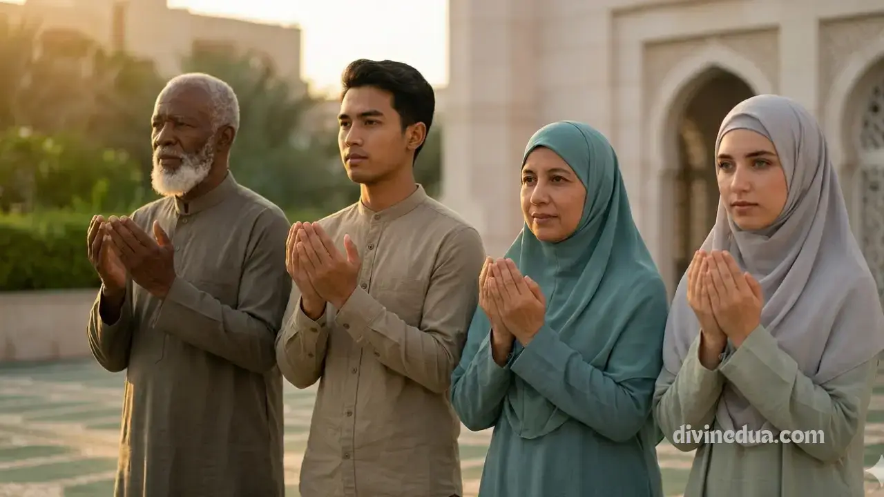 A diverse group of Muslims praying together in a mosque during sunset. image_0.png and image_1.png.