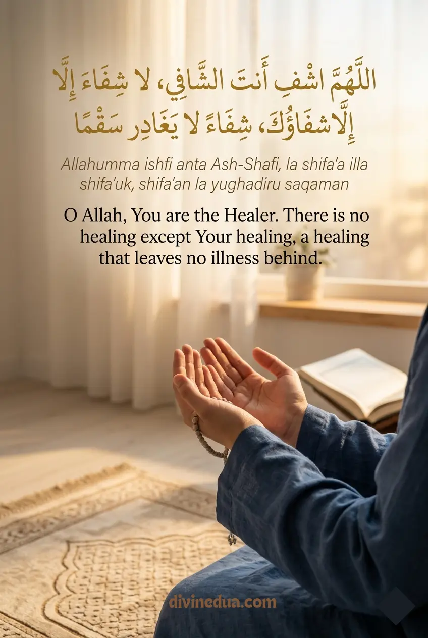 Powerful Dua for Healing in Islam Powerful dua for healing in Islam with Arabic calligraphy and a Muslim raising hands in prayer without showing face