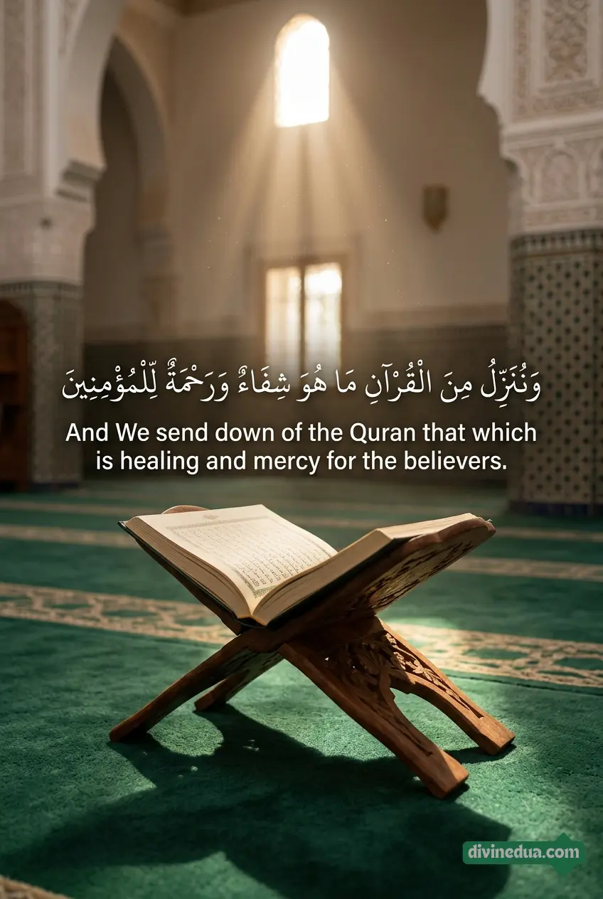 Quran Verses for Healing and Shifa in Islam Quran verses for healing and shifa in Islam with open Quran in a peaceful mosque setting