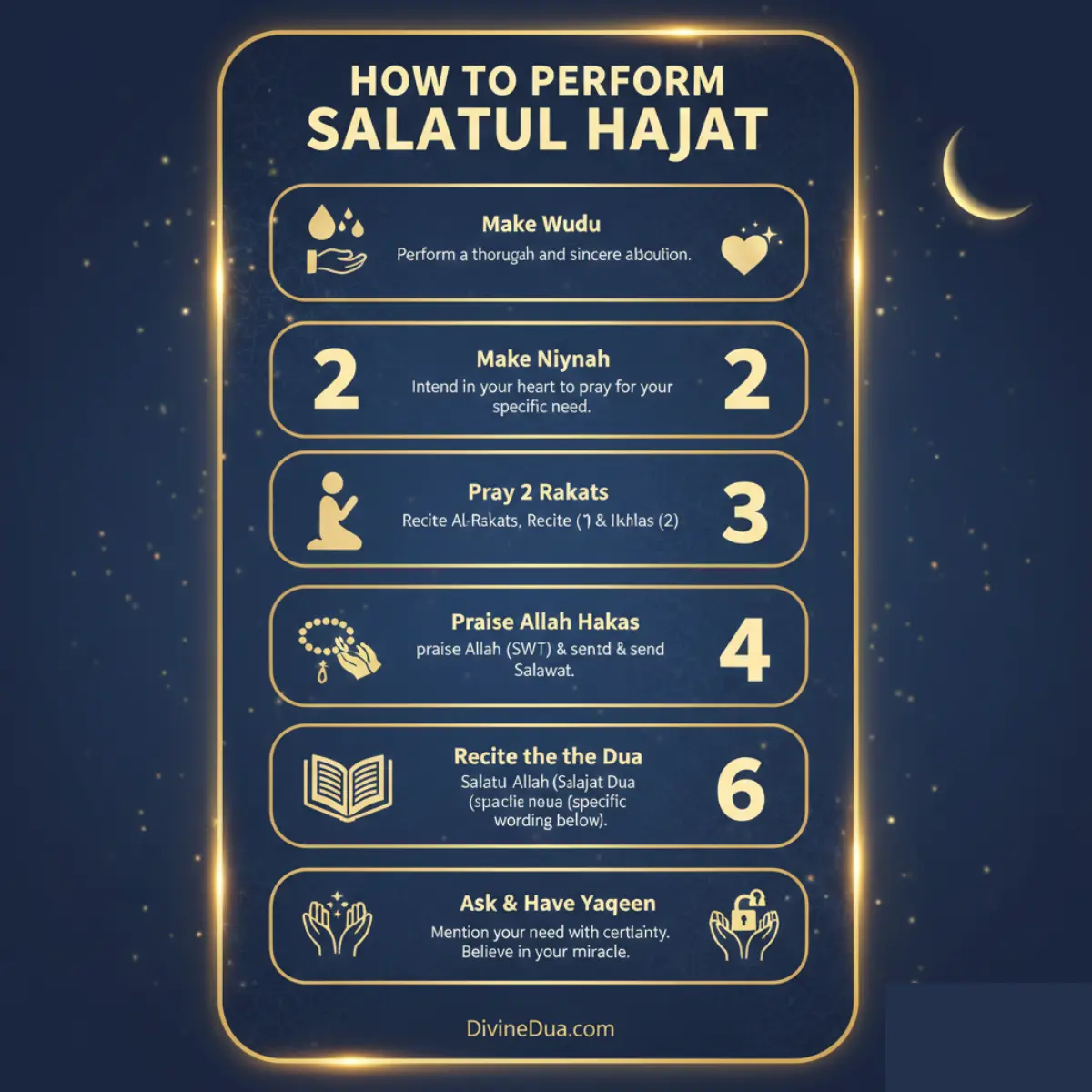 An educational infographic showing the 6 steps of Salatul Hajat method.