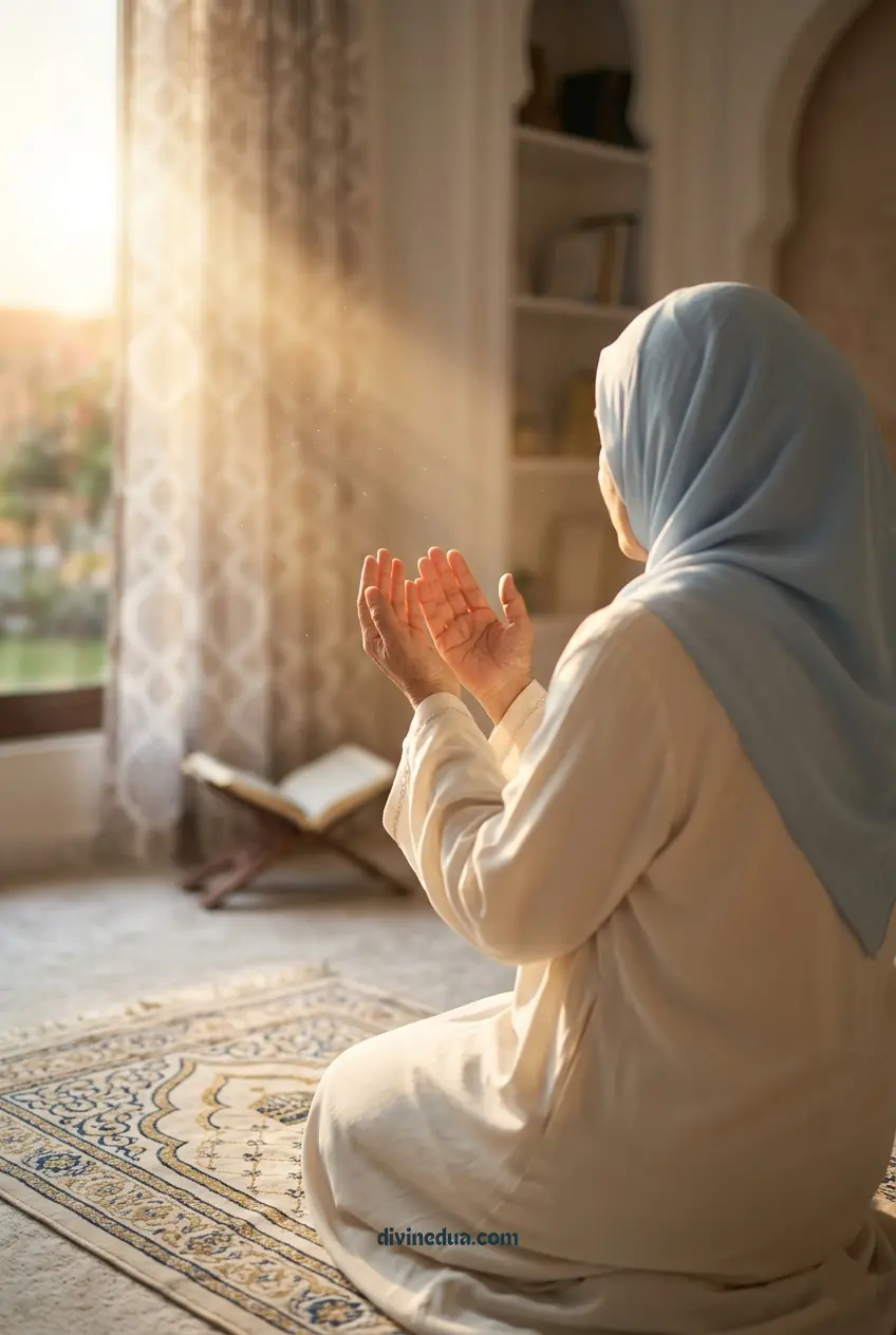 Muslim raising hands in dua for healing without showing face in a peaceful spiritual setting