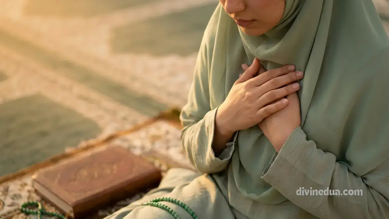 Close-up of a person's hands resting near the heart during a moment of deep spiritual focus. image_0.png.