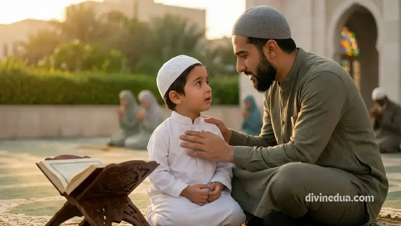 A father guiding his child to build a personal relationship with Allah through simple, heartfelt English dua, in the same warm golden lighting.