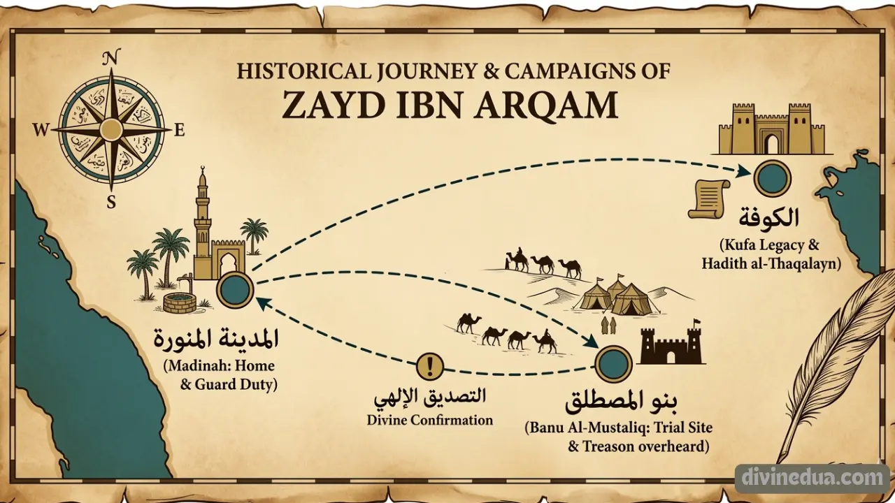 Map of Zayd ibn Arqam Surah Ad-Duha military campaigns and journey.